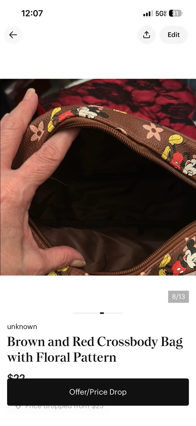 Brown Crossbody Bag with Mickey Mouse and Floral Pattern - photo 5