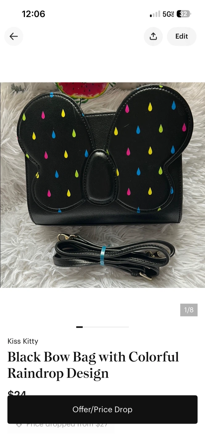 Kiss Kitty Black Bow Bag with Colorful Raindrop Design