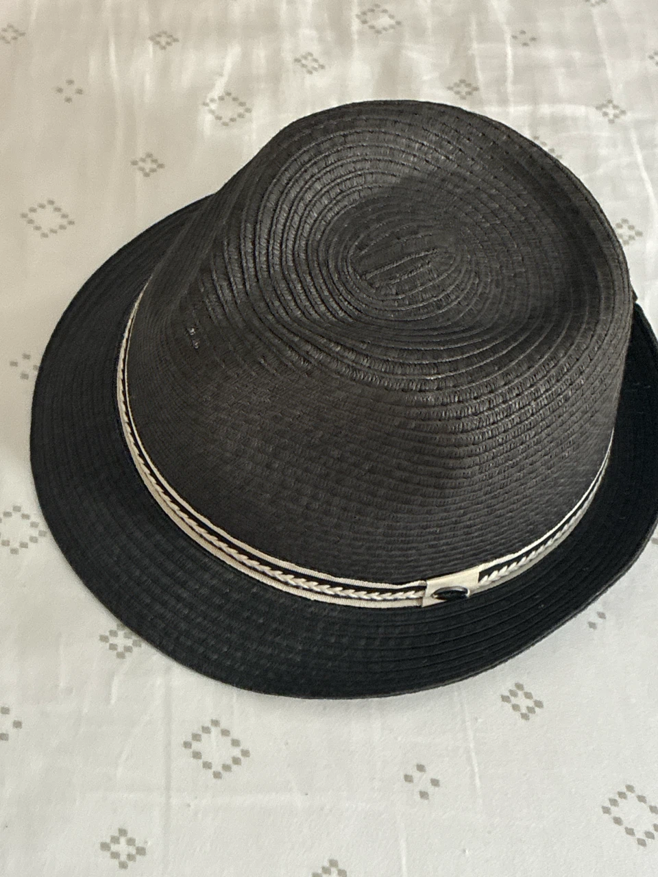 Black Straw Fedora Hat with Striped Band