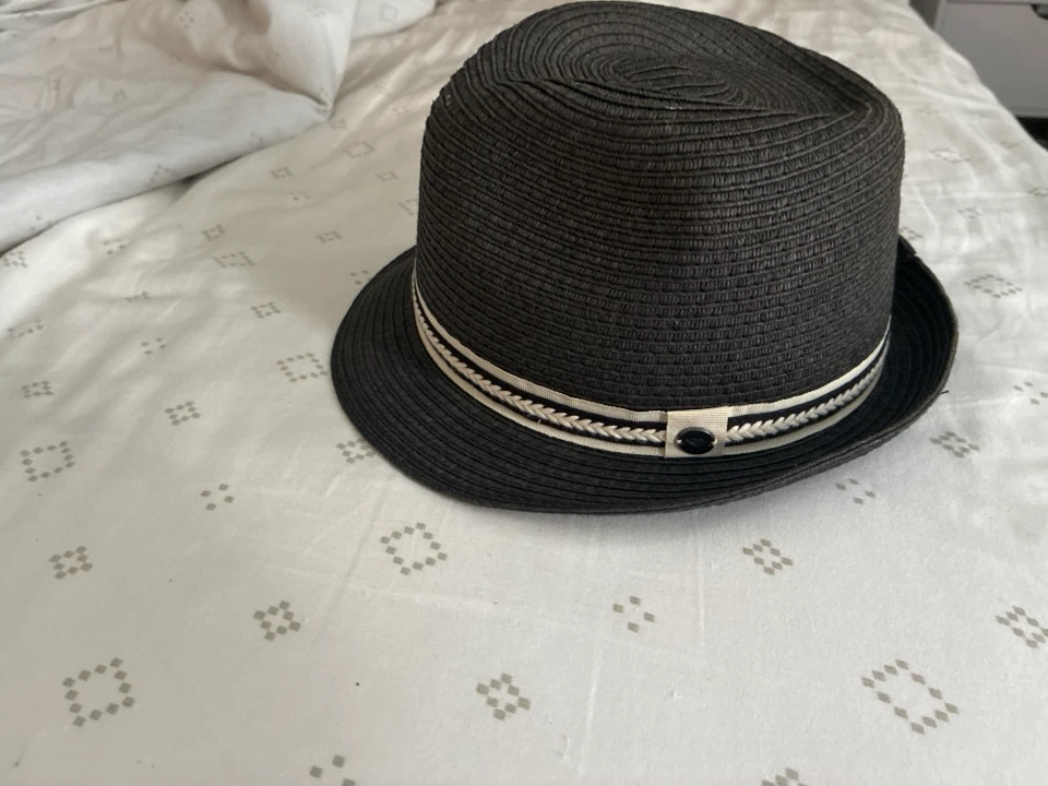 Black Straw Fedora Hat with Striped Band - photo 2