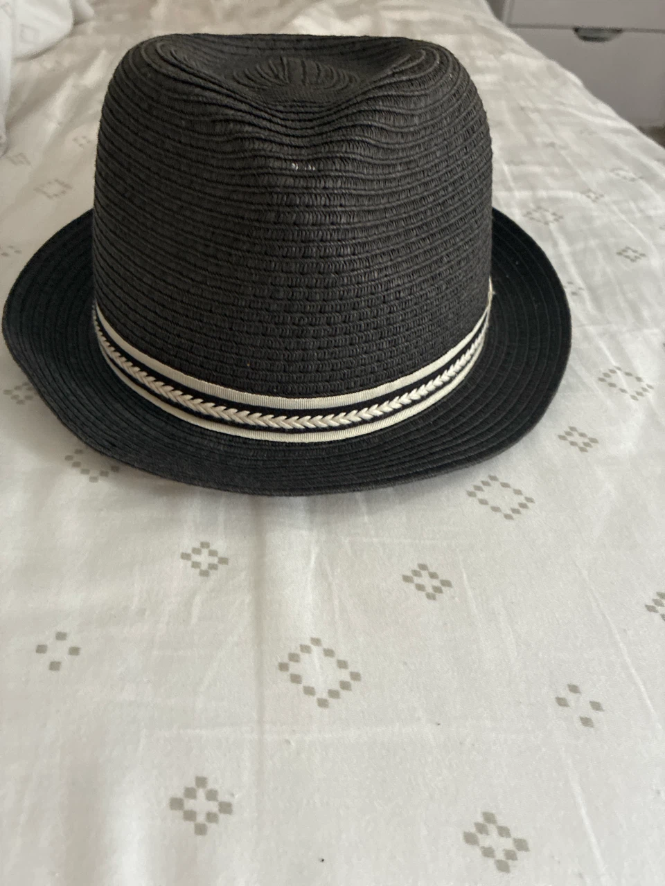 Black Straw Fedora Hat with Striped Band - photo 3