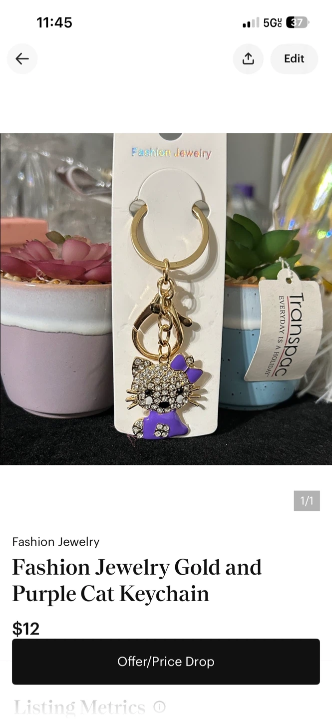 Fashion Jewelry Gold and Purple Cat Keychain