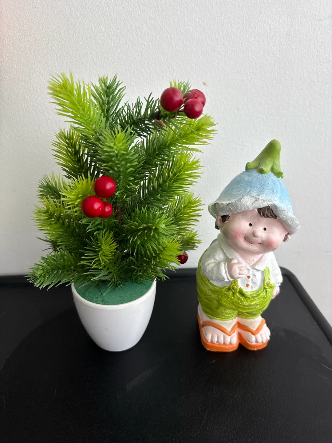 Artificial Potted Plant with Berry Accents and Gnome Figurine