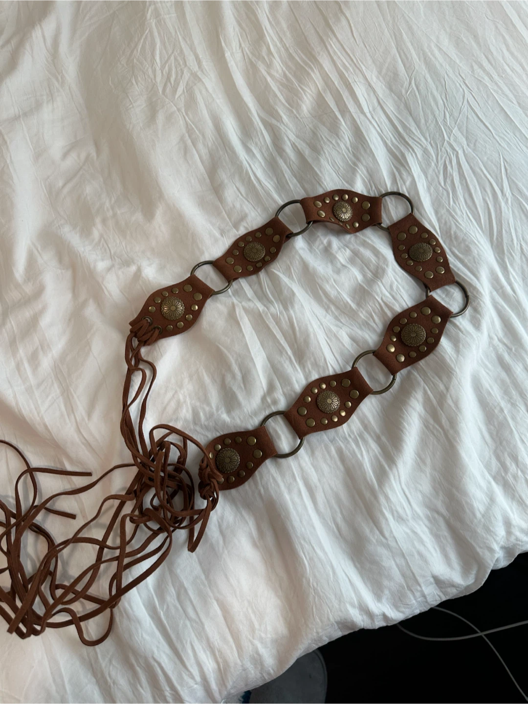 Brown Faux Suede Belt with Studs and Tassels
