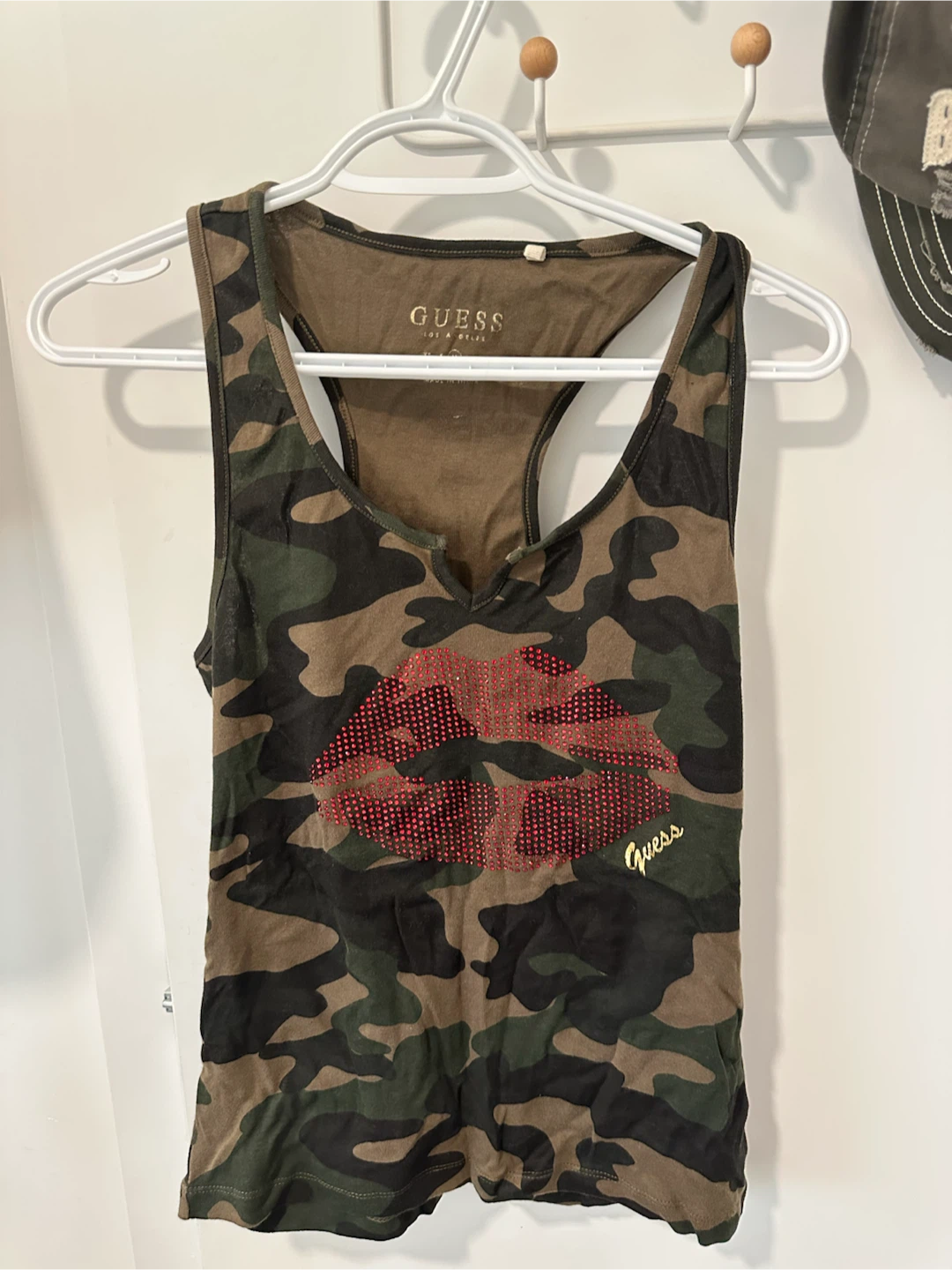 GUESS Camouflage Tank Top with Lips Graphic - Size M