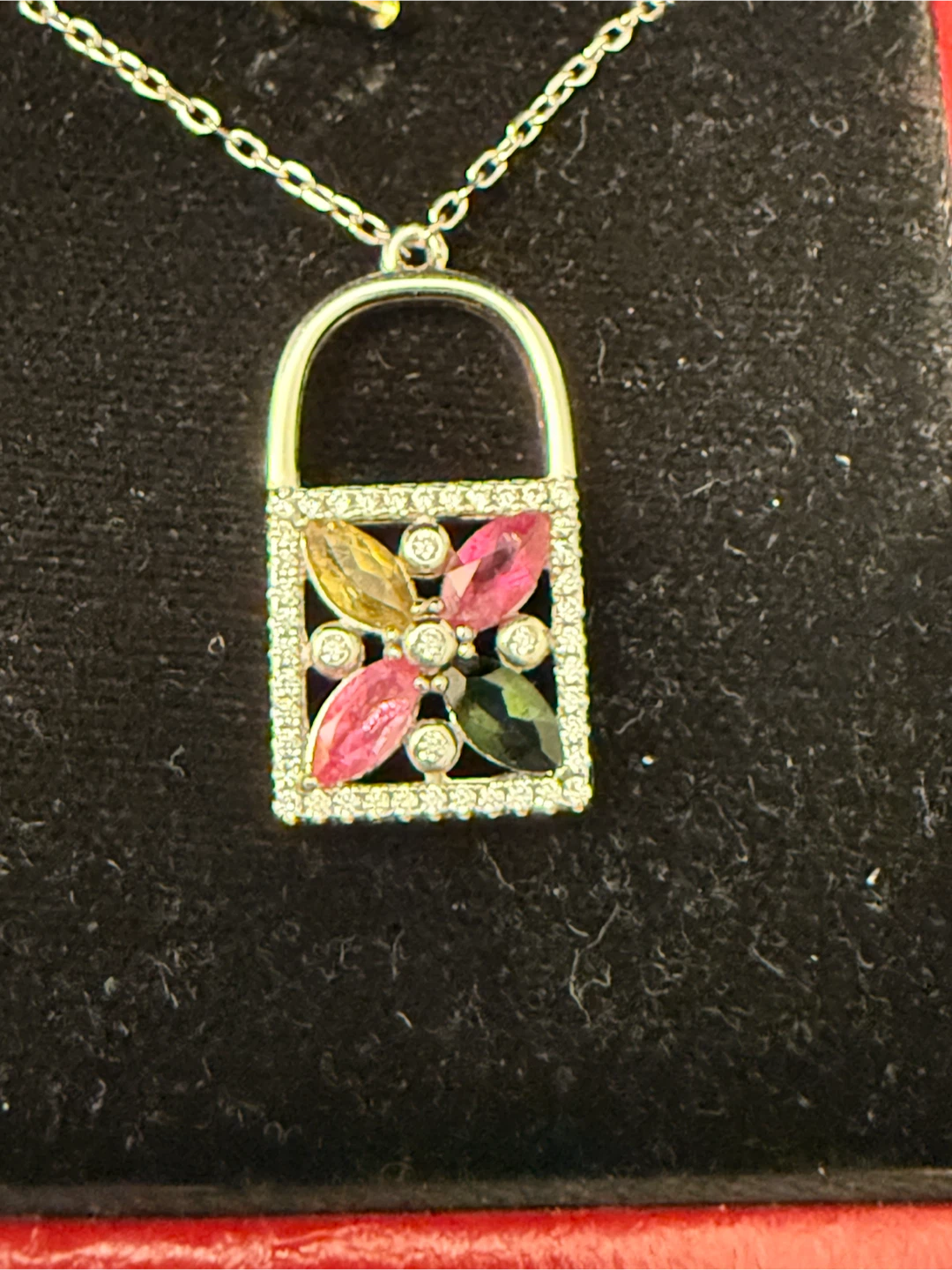 Colourful Natural Tourmaline S925 Silver Lock Pendant Necklace