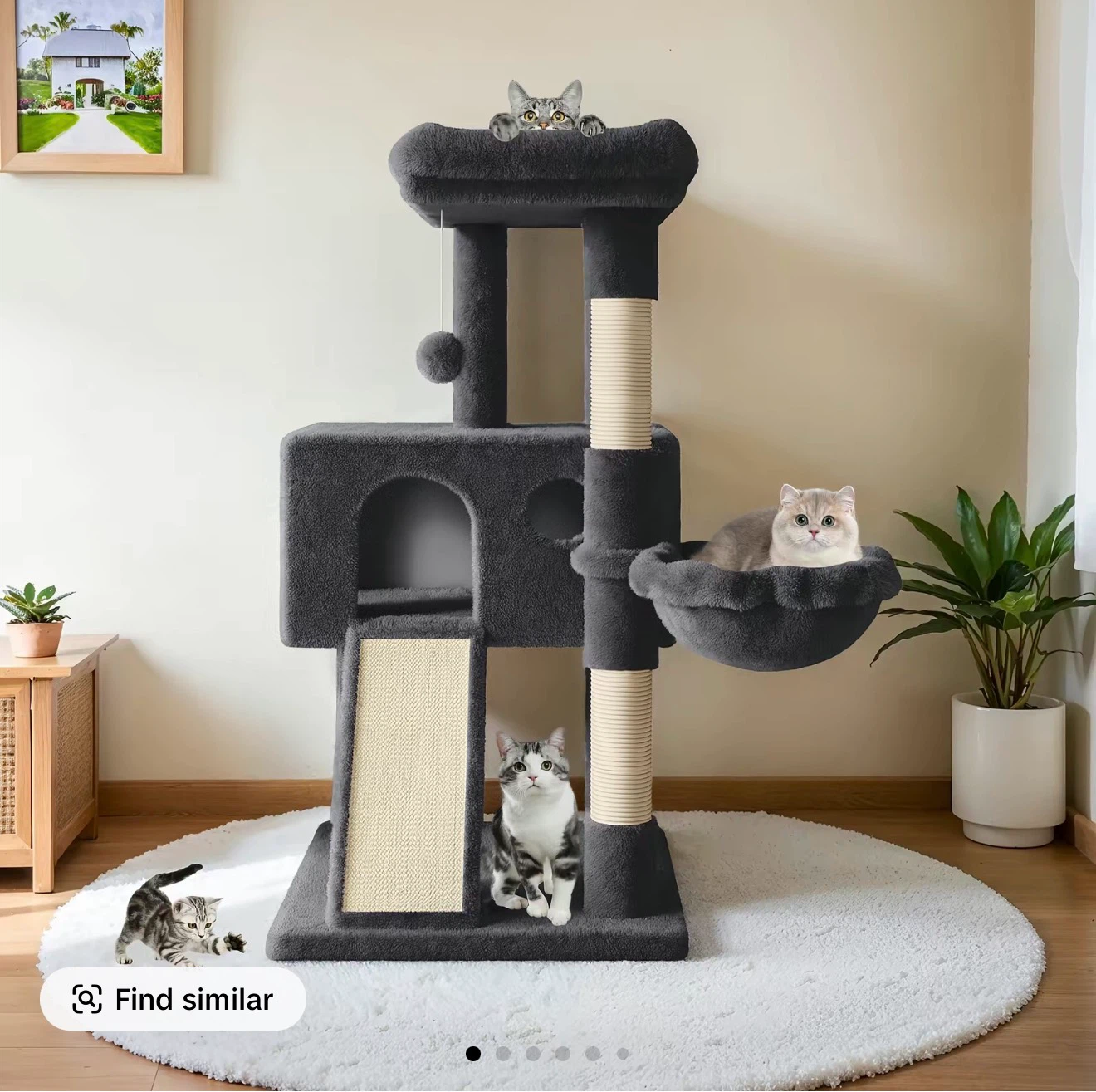 Dark Gray Cat Tree with Multiple Levels and Scratching Posts