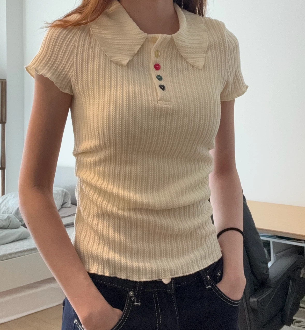 Cream Ribbed Polo Shirt with Heart Buttons