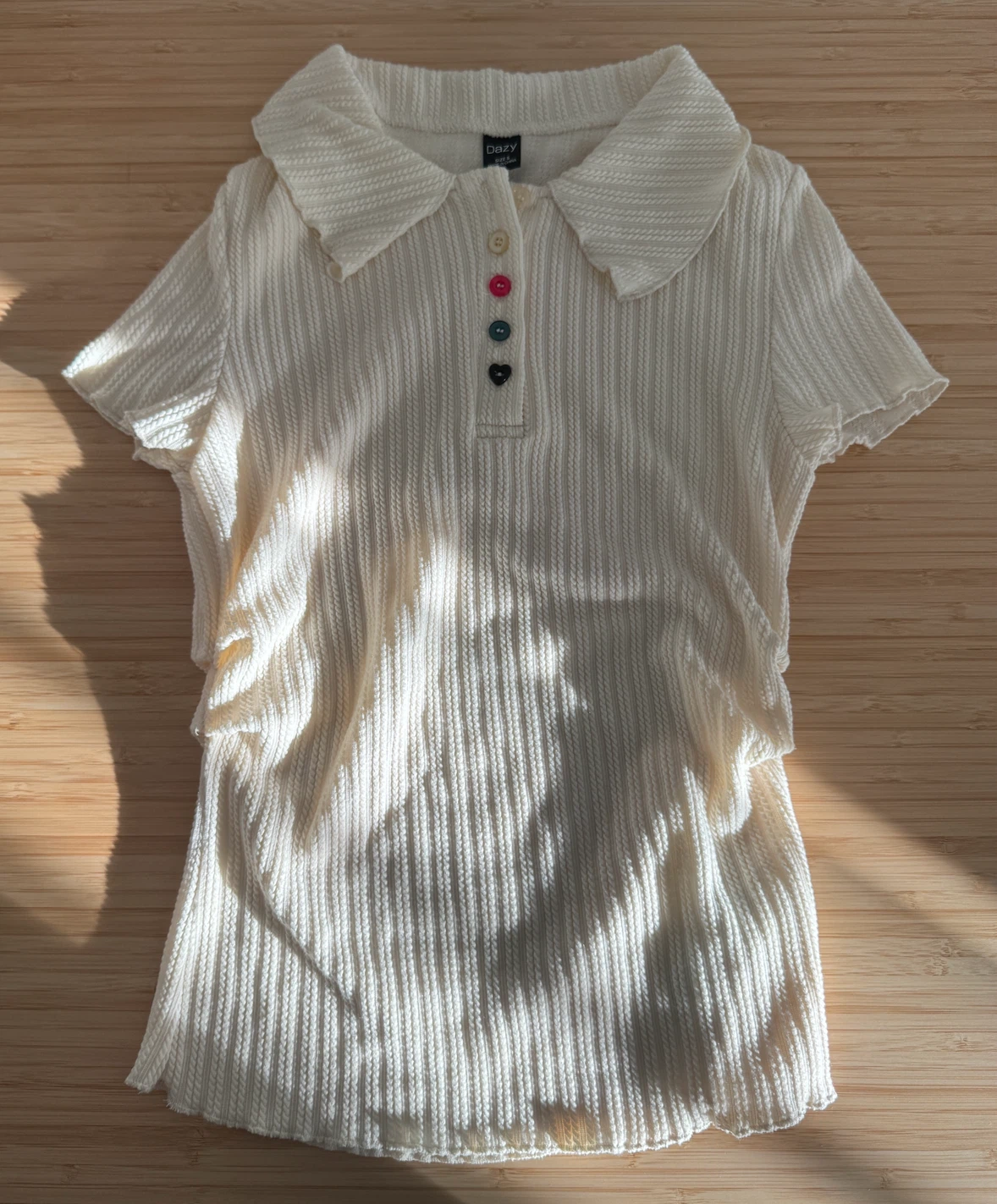Cream Ribbed Polo Shirt with Heart Buttons - photo 2