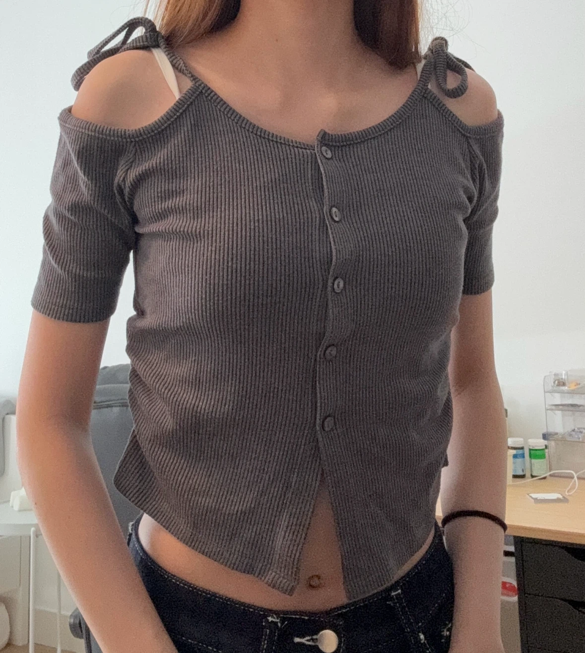 Grey Ribbed Cold Shoulder Button-Up Top