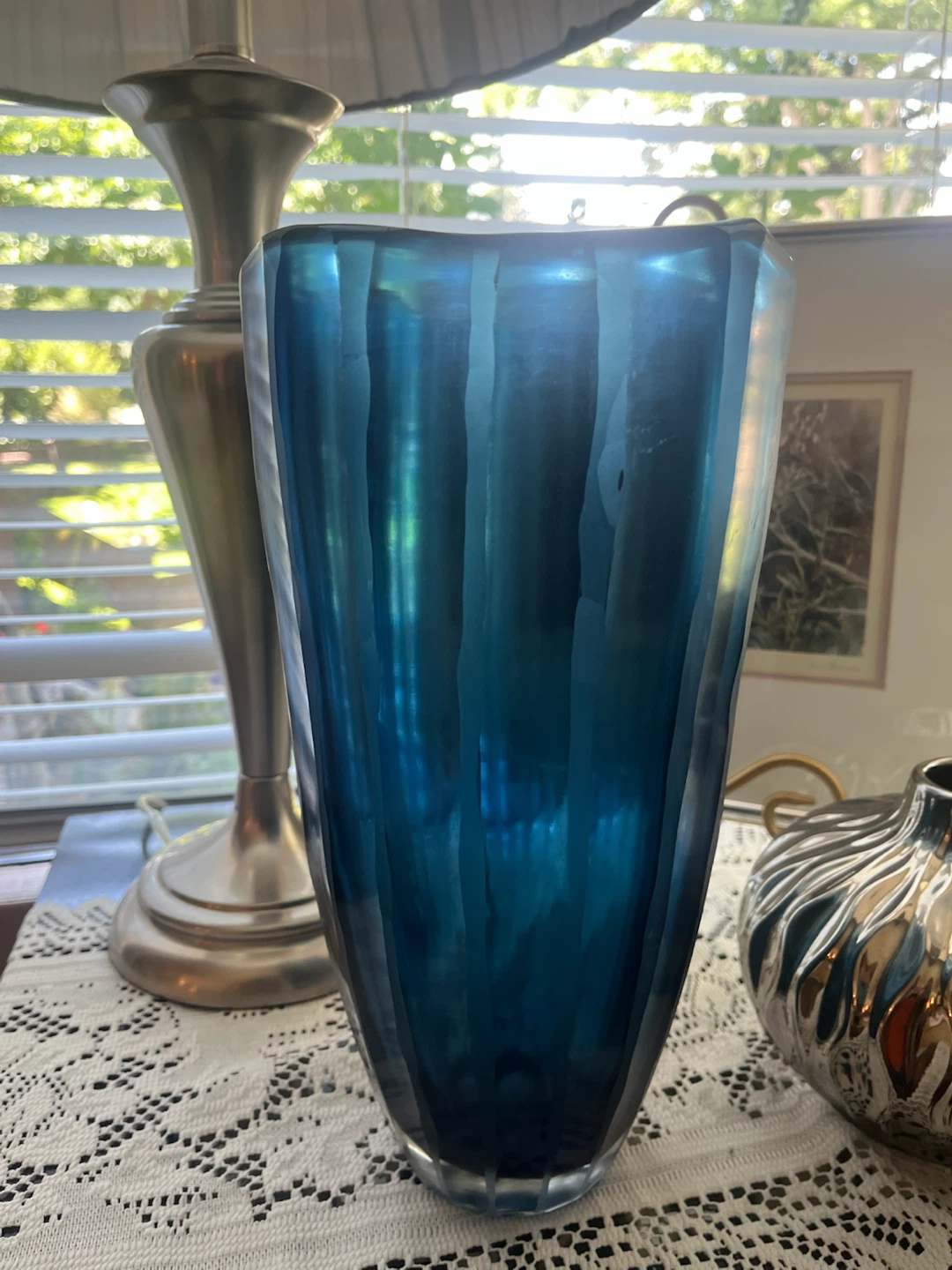 Heavy Blue Glass Vase, 11 inches tall