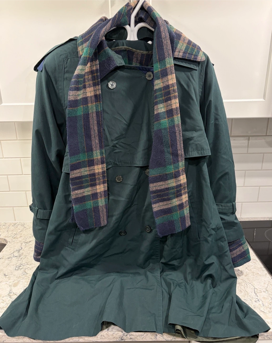 Women’s Trench Coat w/ Removable Plaid Lining & Matching Scarf