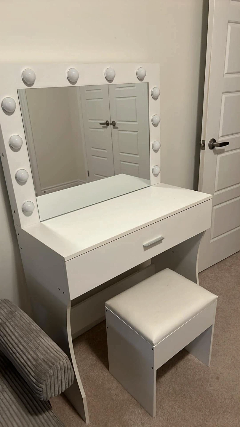 White Vanity Desk with Mirror and Lights