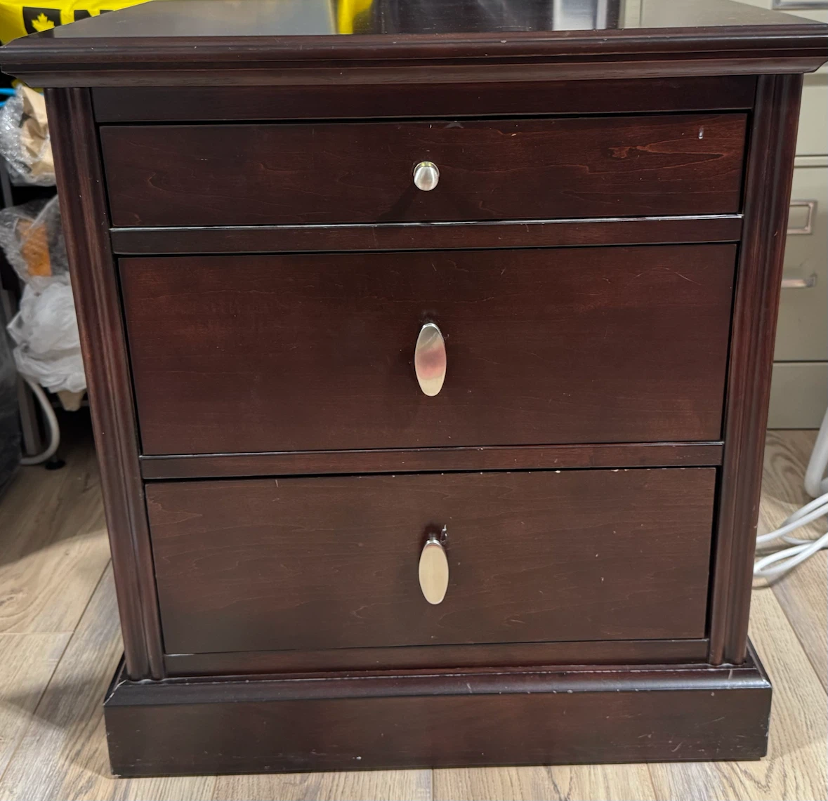 Dark Wood Nightstand with 3 Drawers