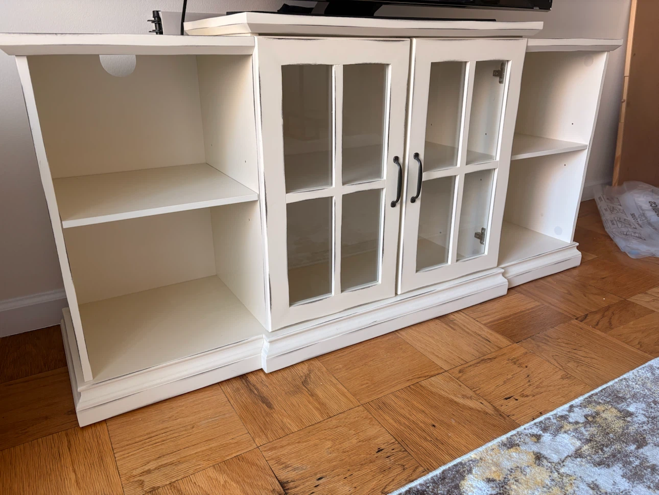Cream TV Stand with Glass Cabinet Doors