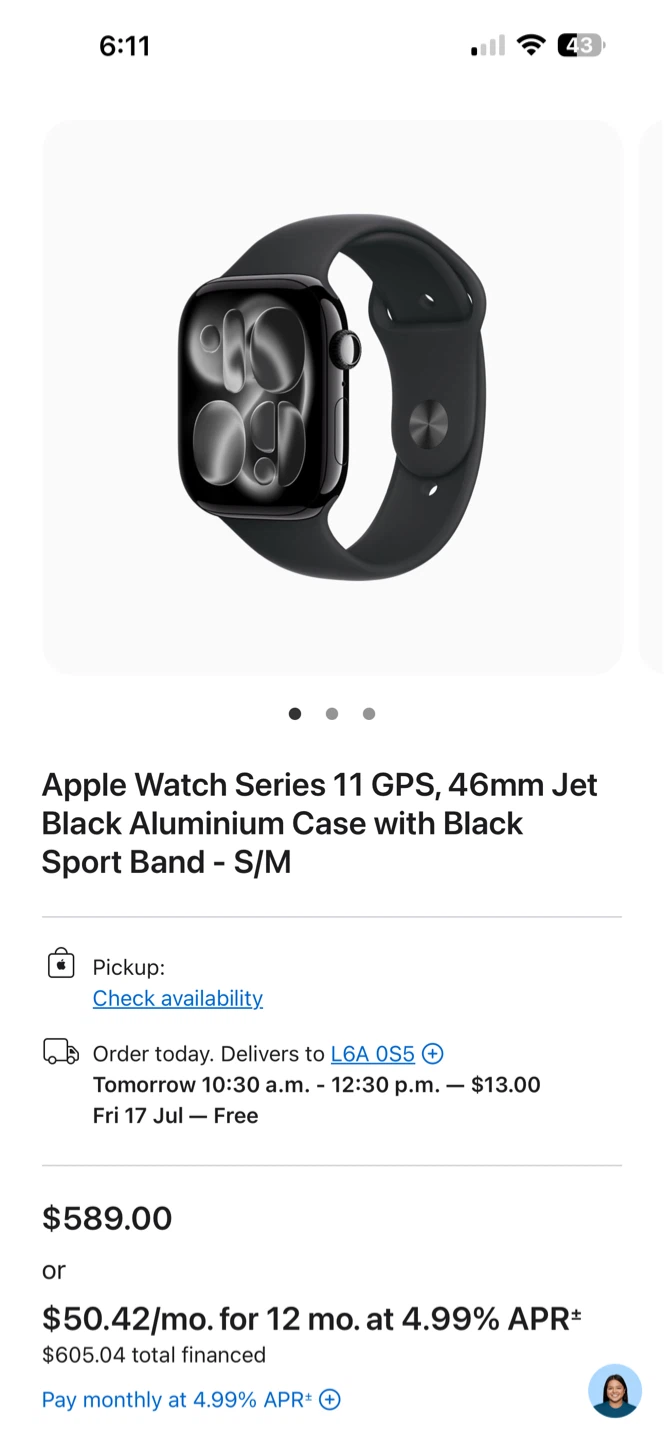Apple Watch Series 11 GPS, 46mm Jet Black Aluminium, S/M