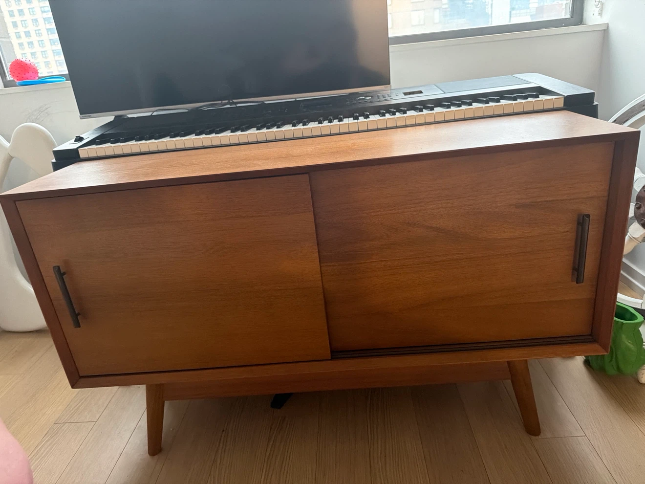 Mid-Century Modern Wood Cabinet with Sliding Doors