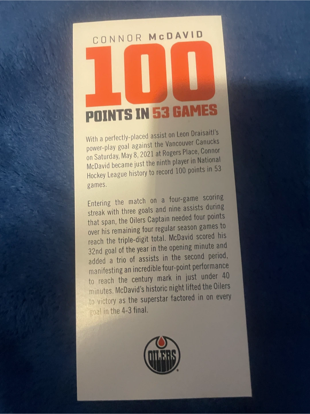 Connor McDavid 100 Points Commemorative Ticket