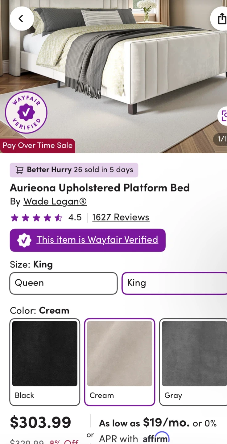 Upholstered Platform Bed - King Size - pick up by July 25
