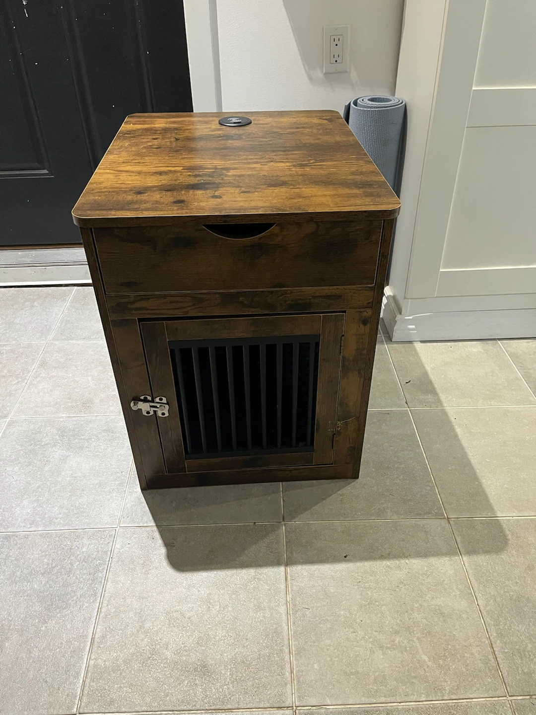 Rustic Wood Side Table with Drawer and Pet Crate