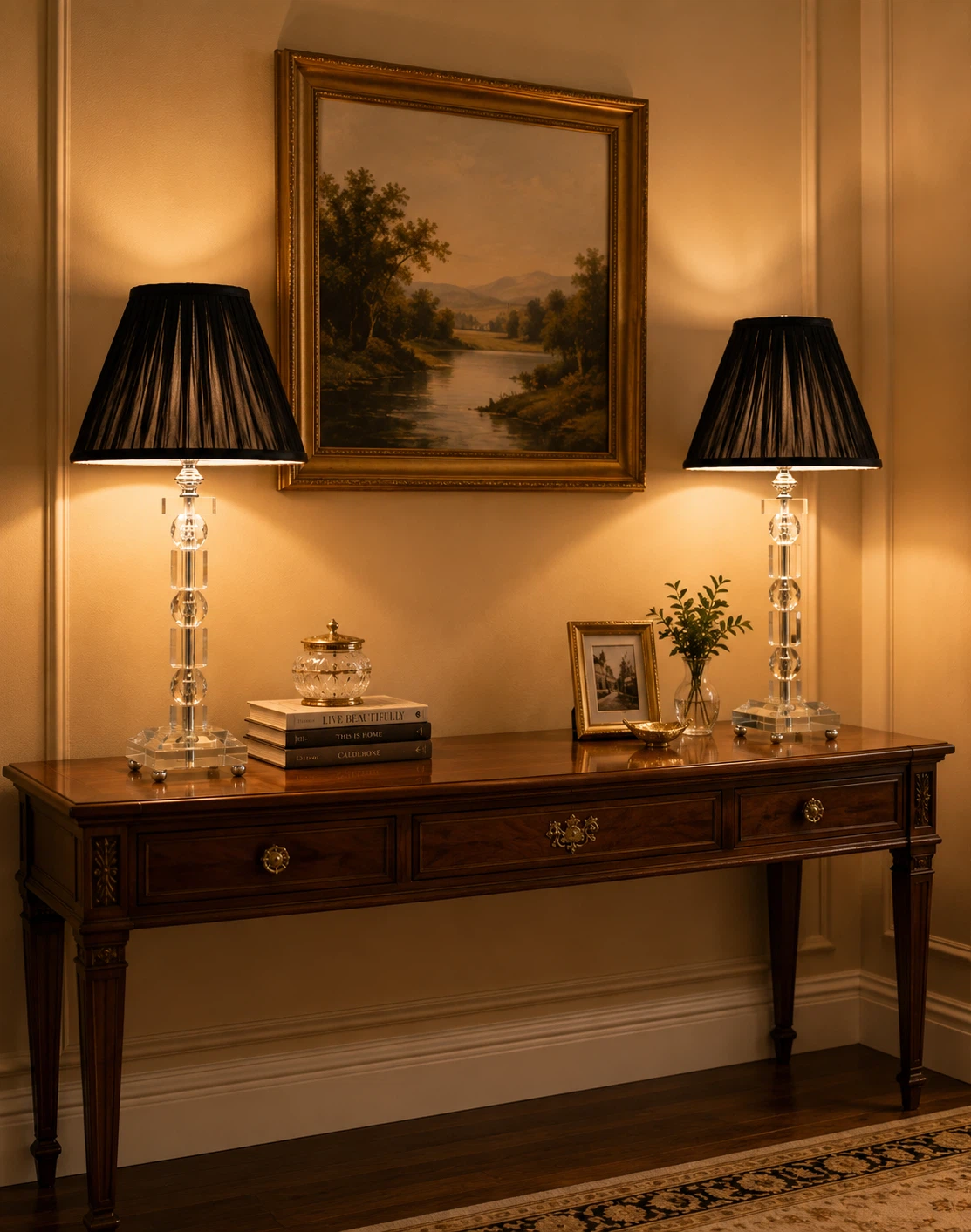 Crystal Table Lamps with Black Pleated Shades - Set of 2