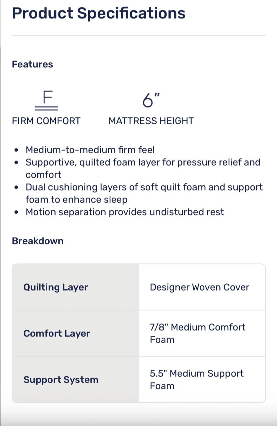 Firm Comfort Mattress - 6" Height - photo 3