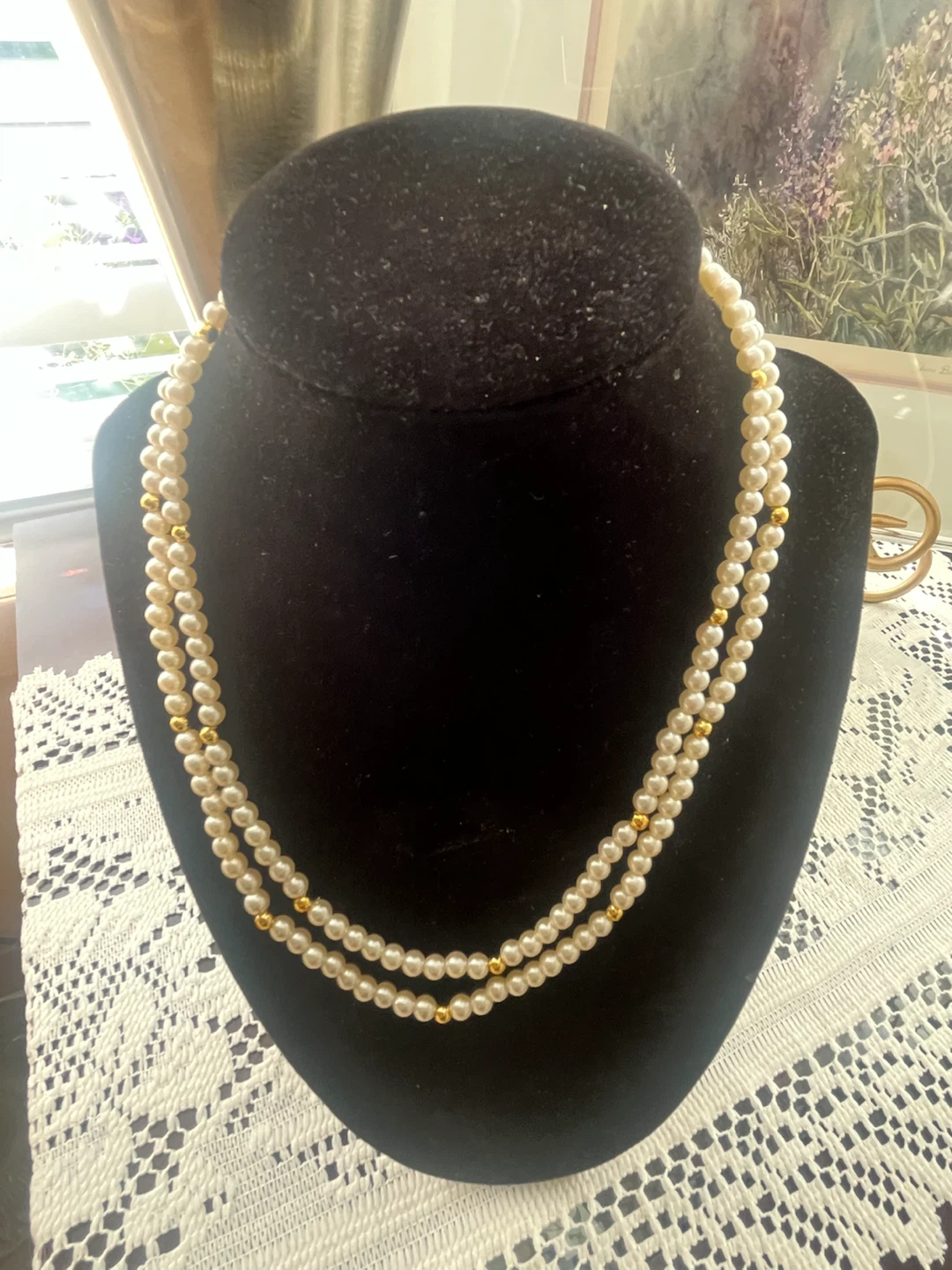 Double Strand Faux Tiny Pearls Necklace with Gold Beads