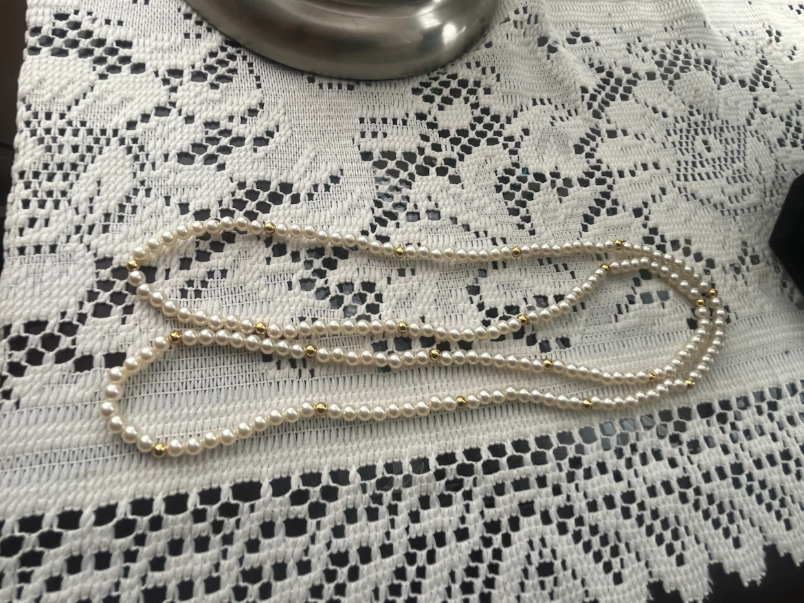 Double Strand Faux Tiny Pearls Necklace with Gold Beads - photo 2