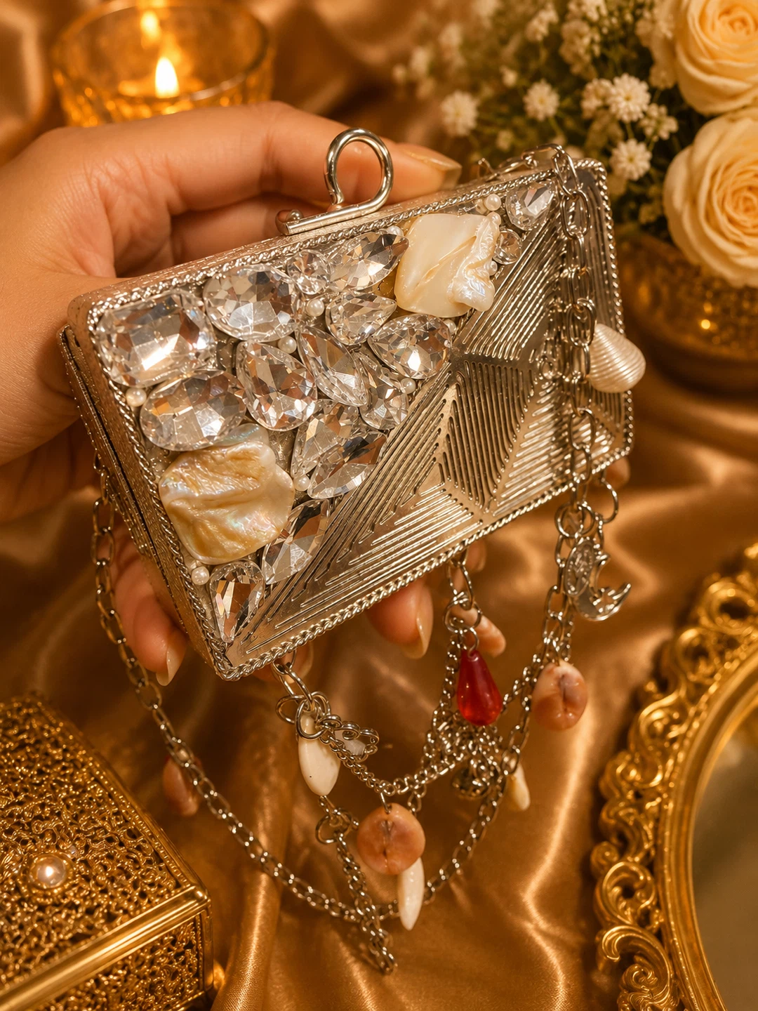 Embellished Clutch with Chain - Silver