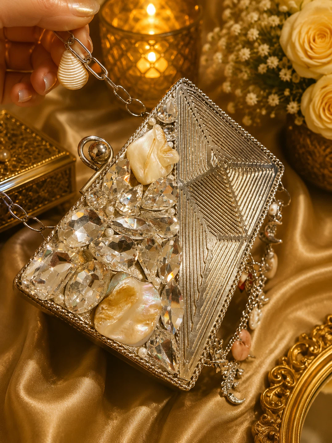 Embellished Clutch with Chain - Silver - photo 4