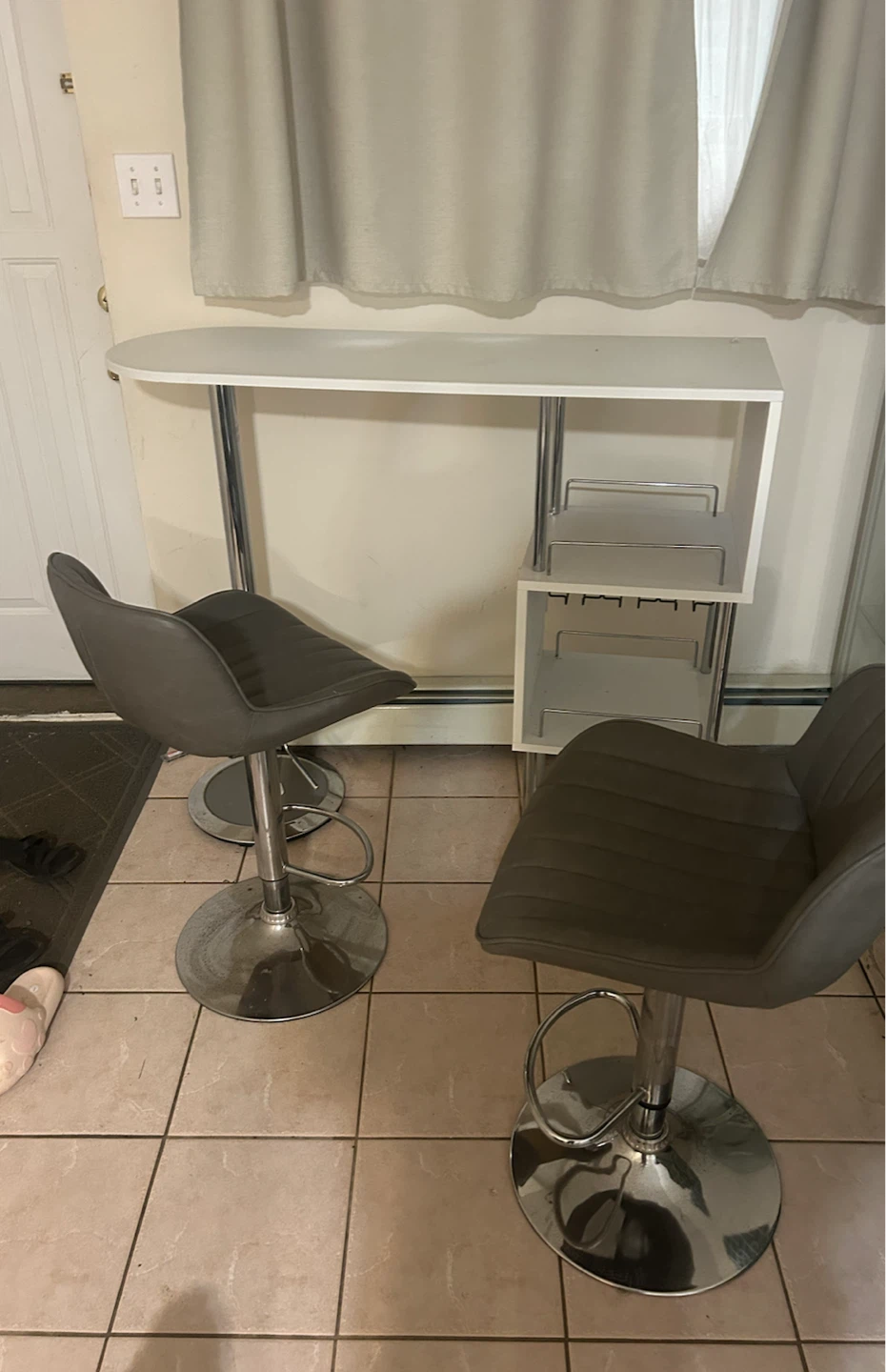 White Bar Table with Shelving and two chairs