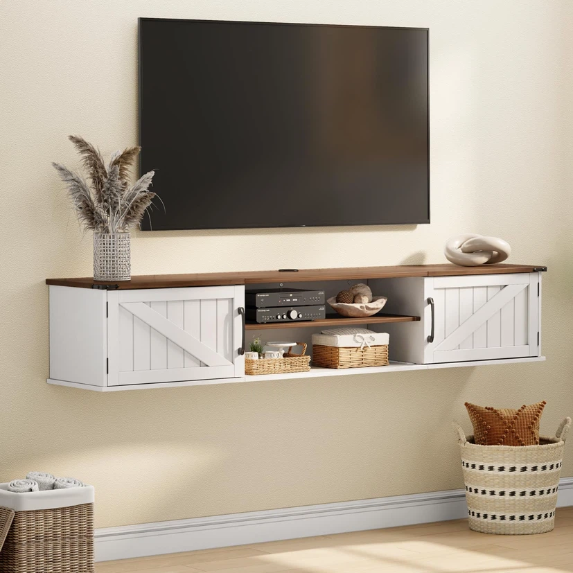 Floating TV Stand with Doors, 63'' Farmhouse TV Shelf