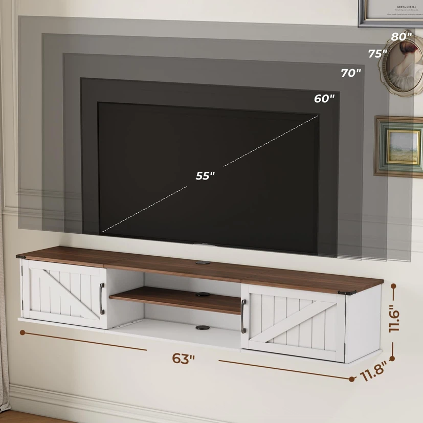 Floating TV Stand with Doors, 63'' Farmhouse TV Shelf - photo 4