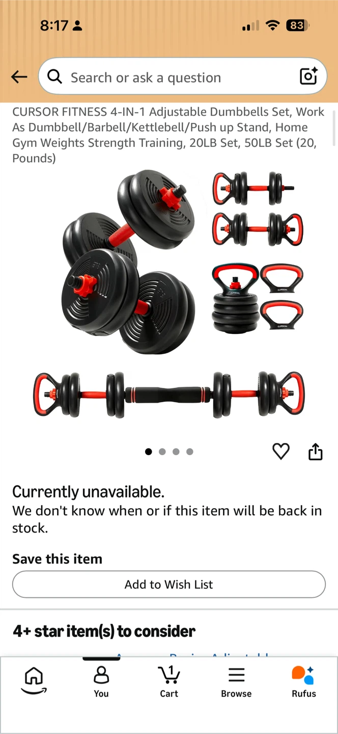 CURSOR FITNESS 4-IN-1 Adjustable Dumbbell Set