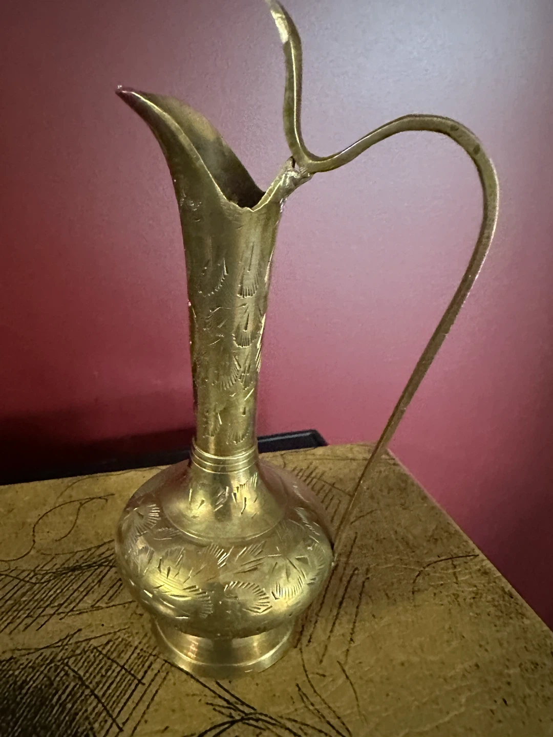 Vintage Brass Pitcher Vase, Hand-Etched Floral Design - photo 2