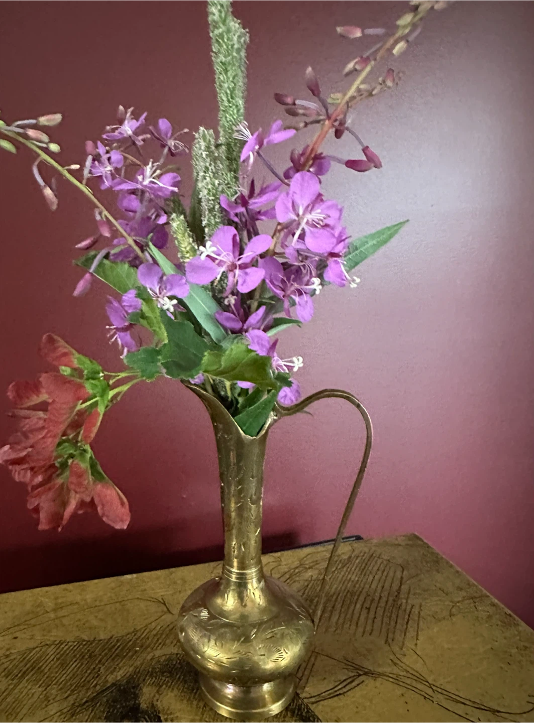 Vintage Brass Pitcher Vase, Hand-Etched Floral Design - photo 3