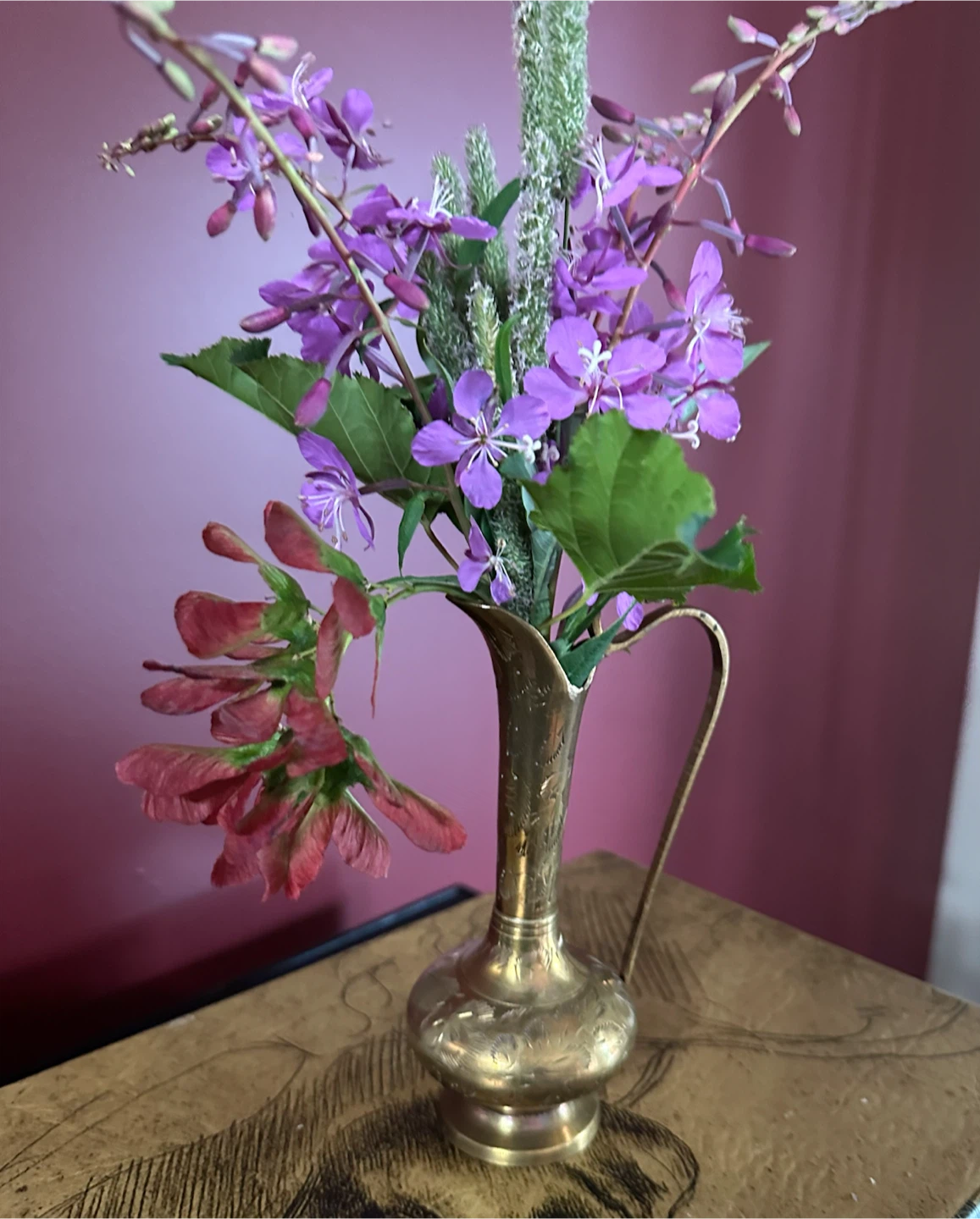 Vintage Brass Pitcher Vase, Hand-Etched Floral Design - photo 5