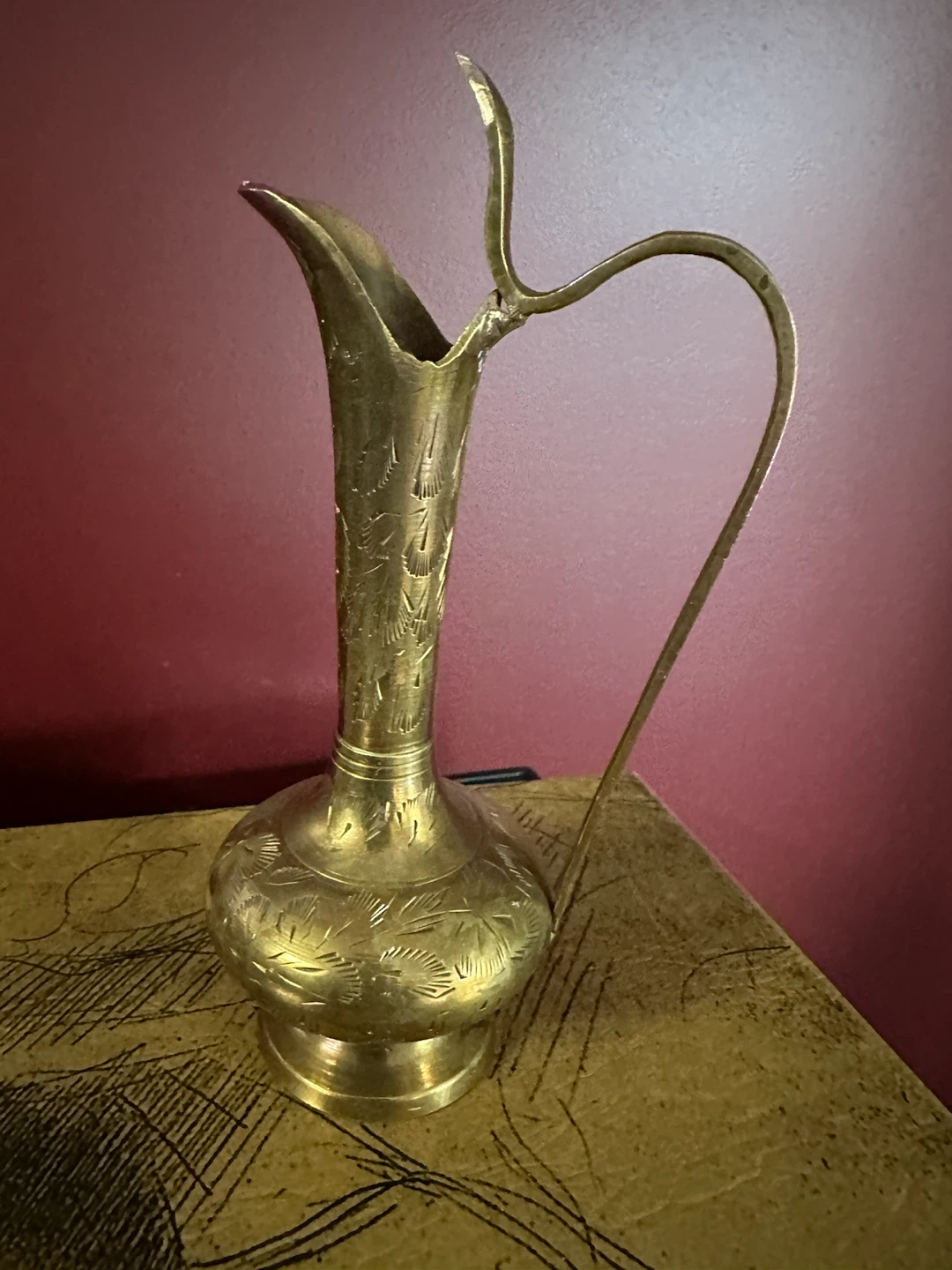 Vintage Brass Pitcher Vase, Hand-Etched Floral Design - photo 5