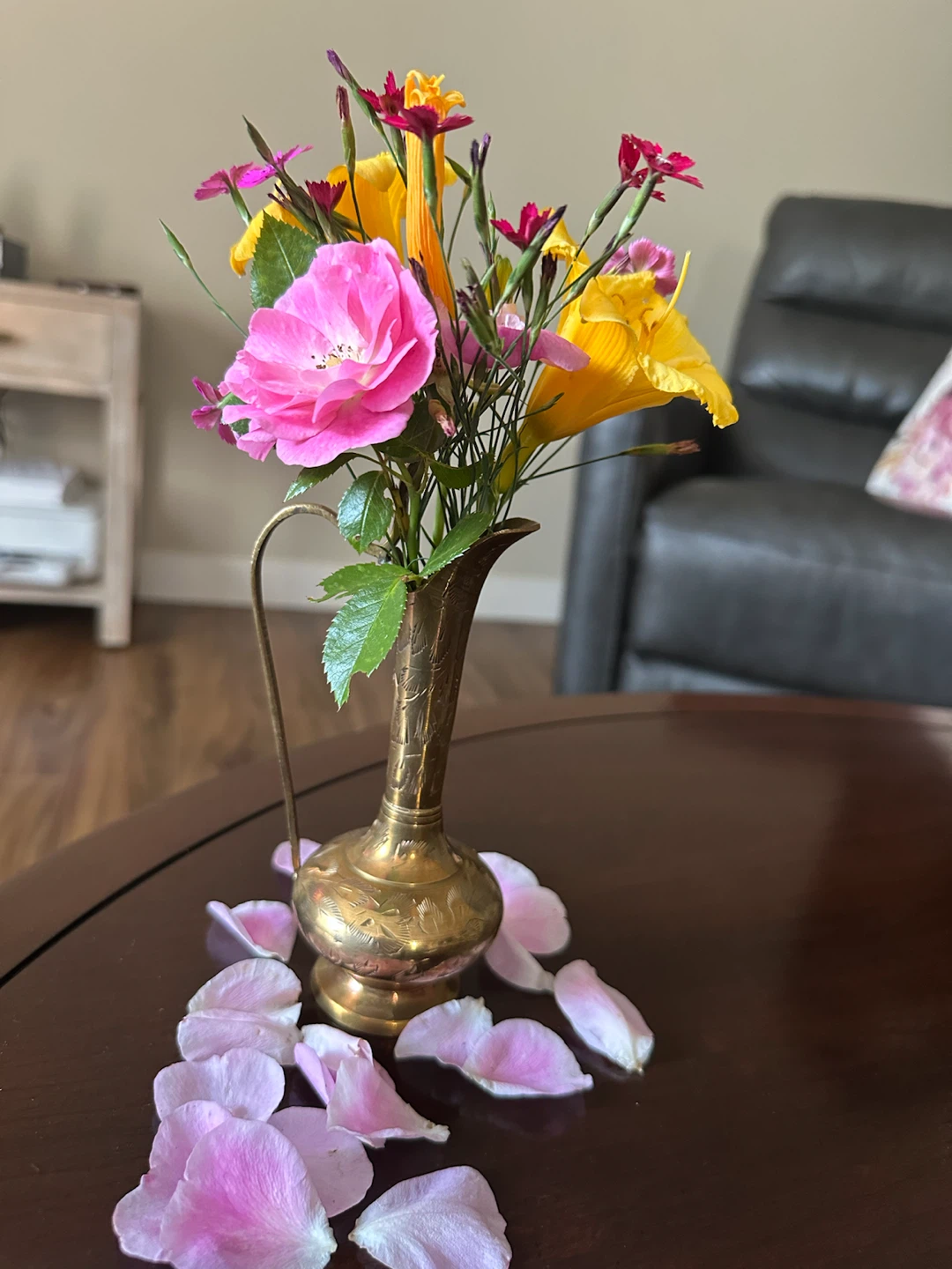 Vintage Brass Pitcher Vase, Hand-Etched Floral Design