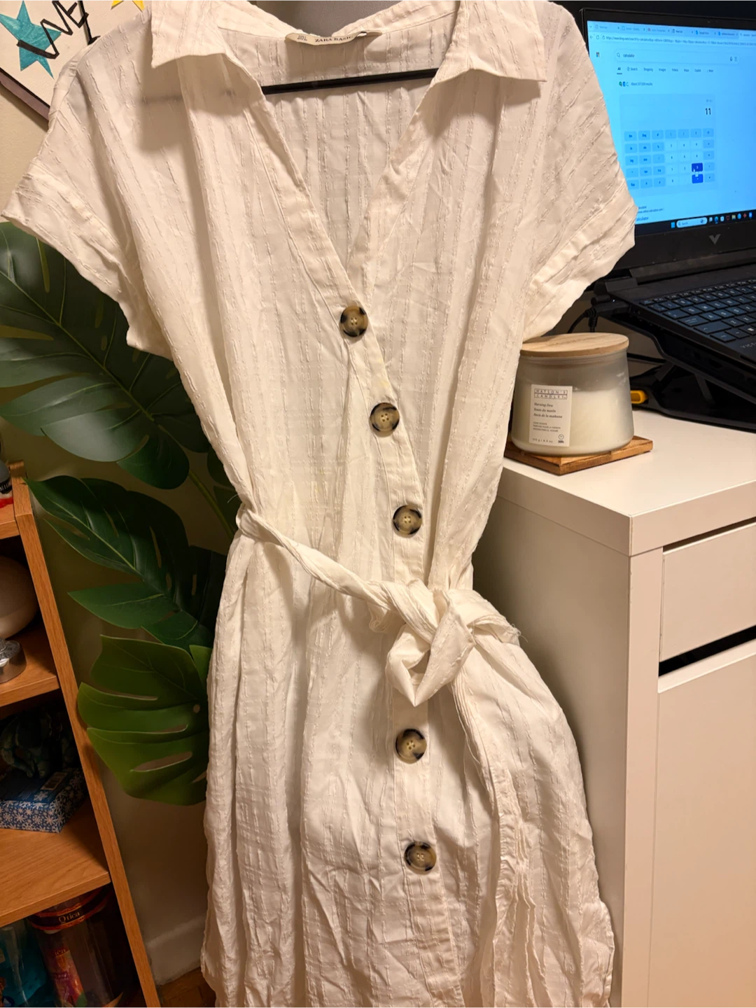 White Short Sleeve Button-Up Dress with Belt