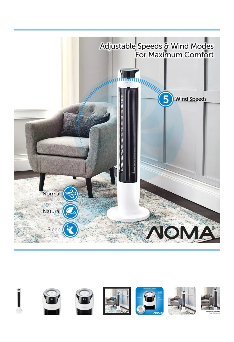 NOMA Oscillating Tower Fan, 42-inch, White