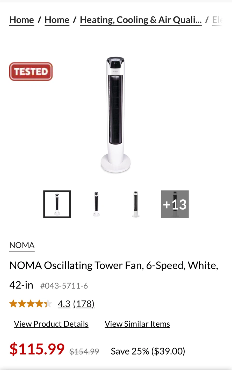 NOMA Oscillating Tower Fan, 42-inch, White - photo 3