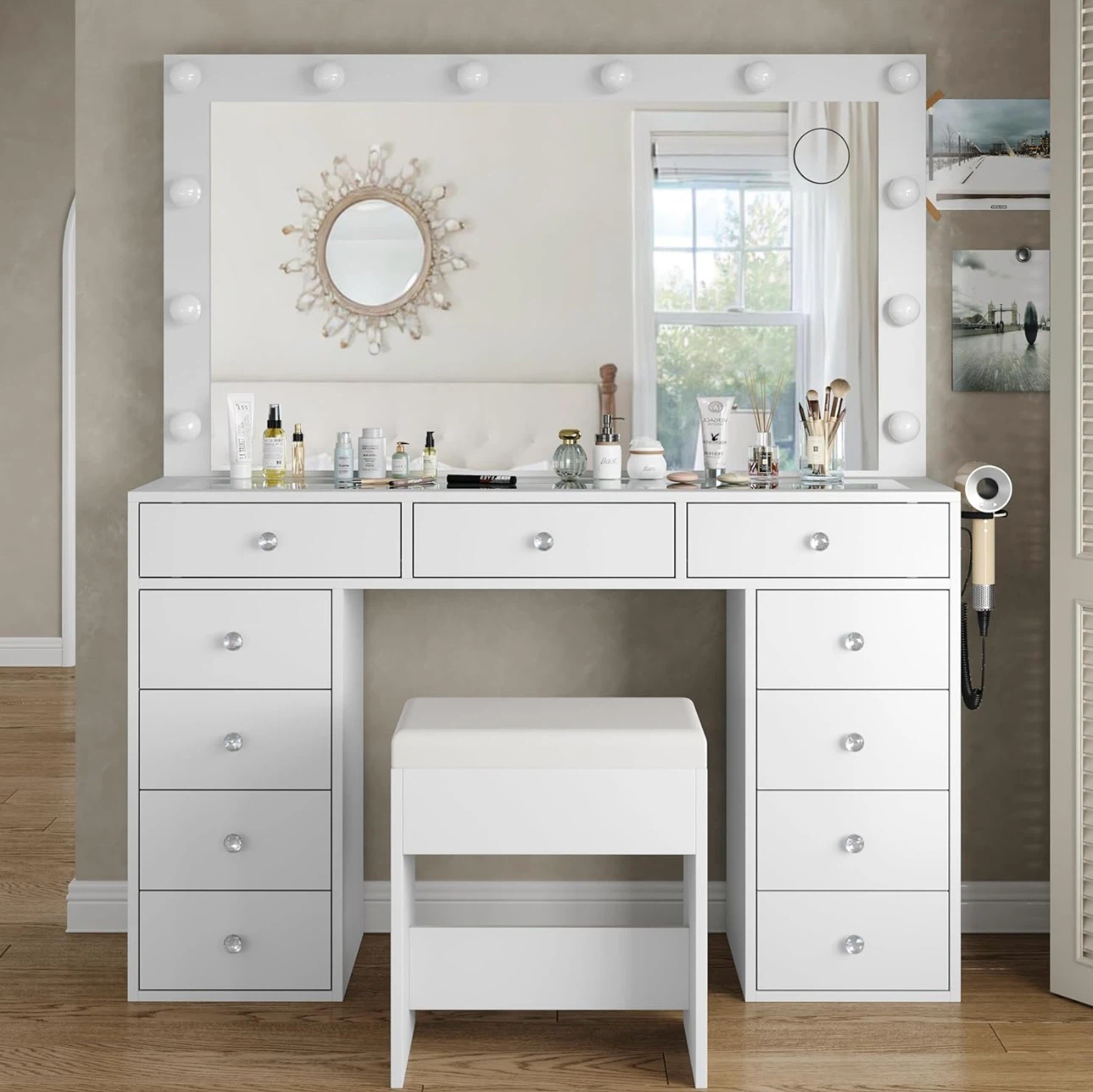 White Vanity Table with Lighted Mirror and Stool