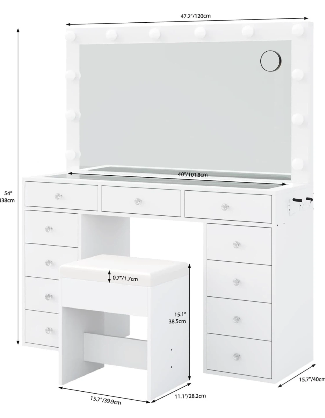 White Vanity Table with Lighted Mirror and Stool - photo 2