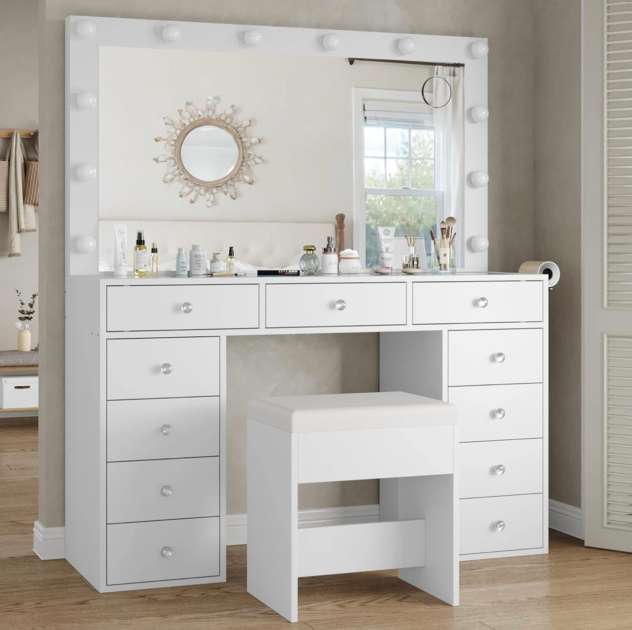White Vanity Table with Lighted Mirror and Stool - photo 3