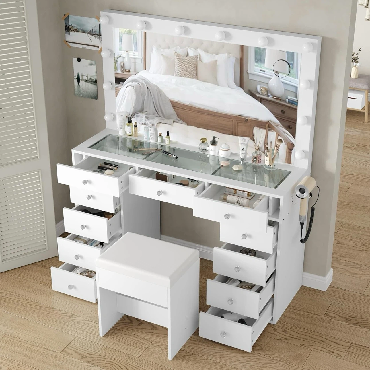 White Vanity Table with Lighted Mirror and Stool - photo 4