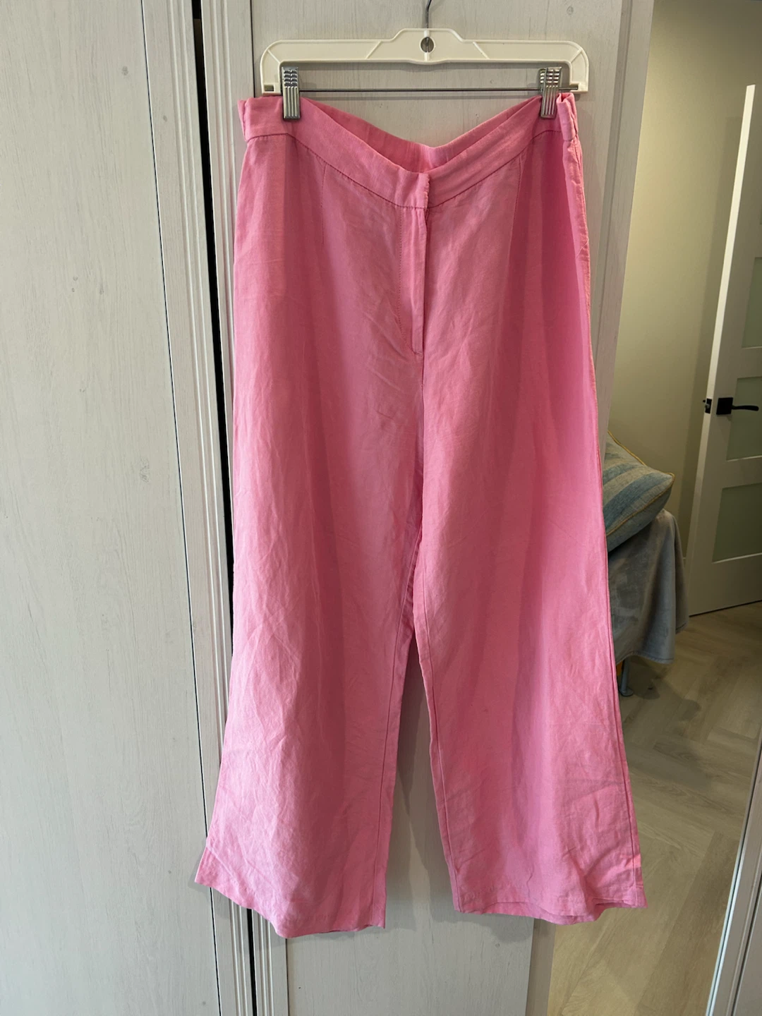 Pink Linen Wide Leg Cropped Pants