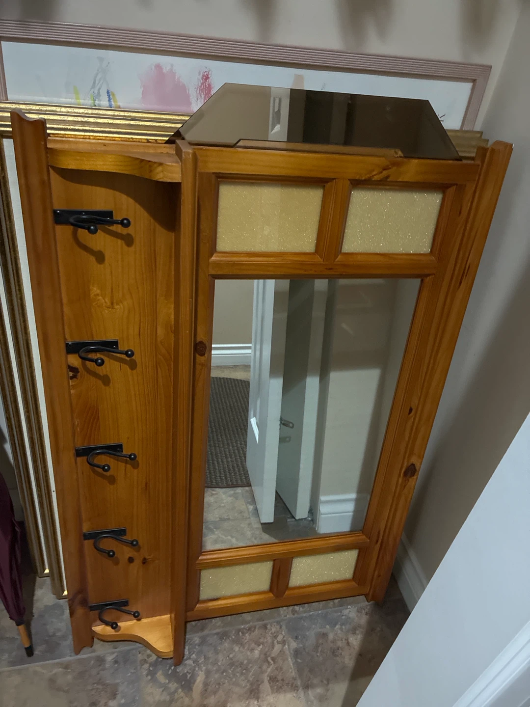 Wooden Hall Tree with Mirror and Hooks