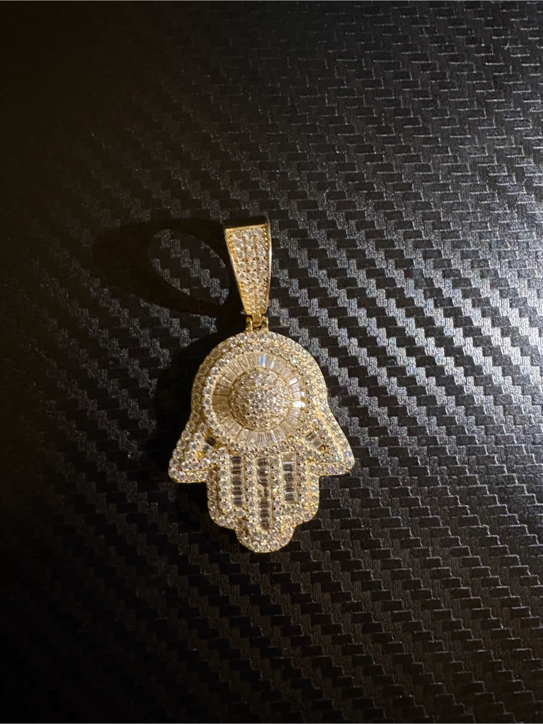 Gold Tone Hamsa Pendant Necklace with Rhinestones