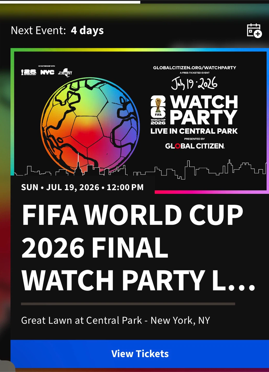 FIFA World Cup 2026 Final Watch Party CENTRAL PARK 2 TICKETS